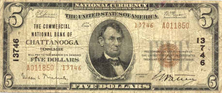 $5 Commercial NB Chattanooga Ch13746 1929 T-2